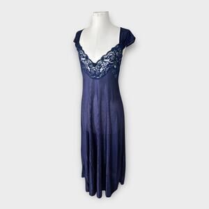 Vintage Petra Fashions Maxi Nightgown with Lace Panel Women's sz Large Navy Blue